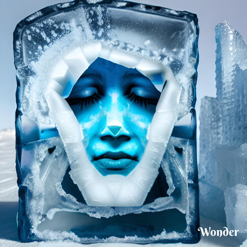 An artist rendering of a human face frozen in an ice cube. Tres Keikis Natural Skincare. Woman owned by chemist Chantelle Davidson