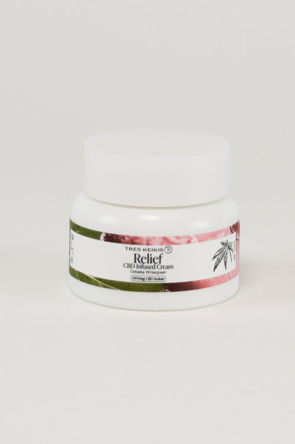 Tres Keikis CBD deep muscle massage cream, glass jar. 50mg of cream with 1500 mg of CBD isolate