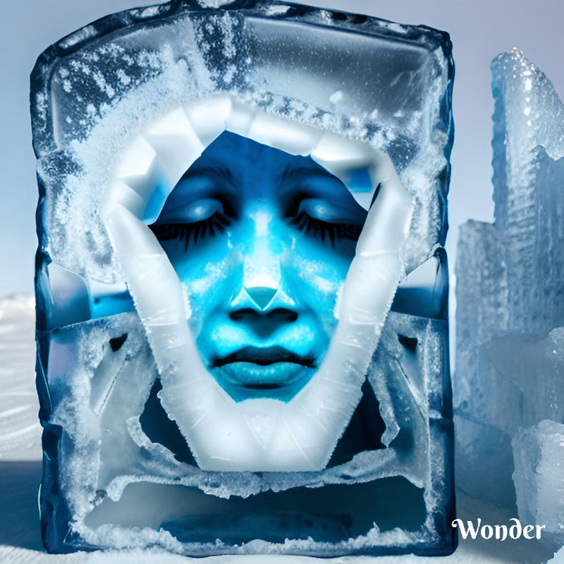 An artist rendering of a human face frozen in an ice cube. Tres Keikis Natural Skincare. Woman owned by chemist Chantelle Davidson 