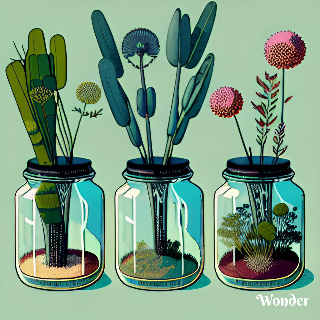 A digital illustration of Three jars with plants in them. For Thres Keikis natural skincare and skin health made by CEO and founder Chantelle Davidson 