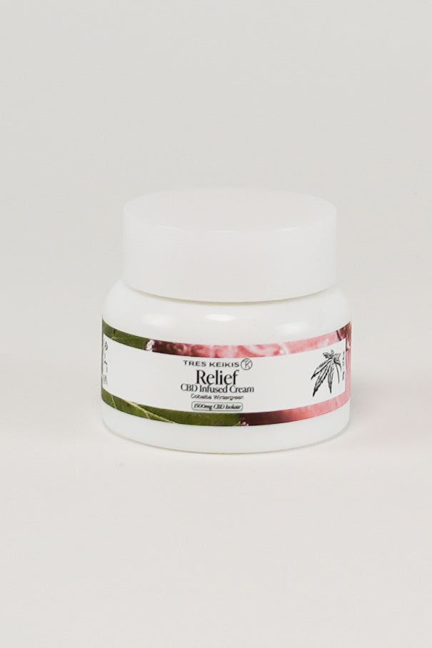 Tres Keikis CBD deep muscle massage cream, glass jar. 50mg of cream with 1500 mg of CBD isolate 